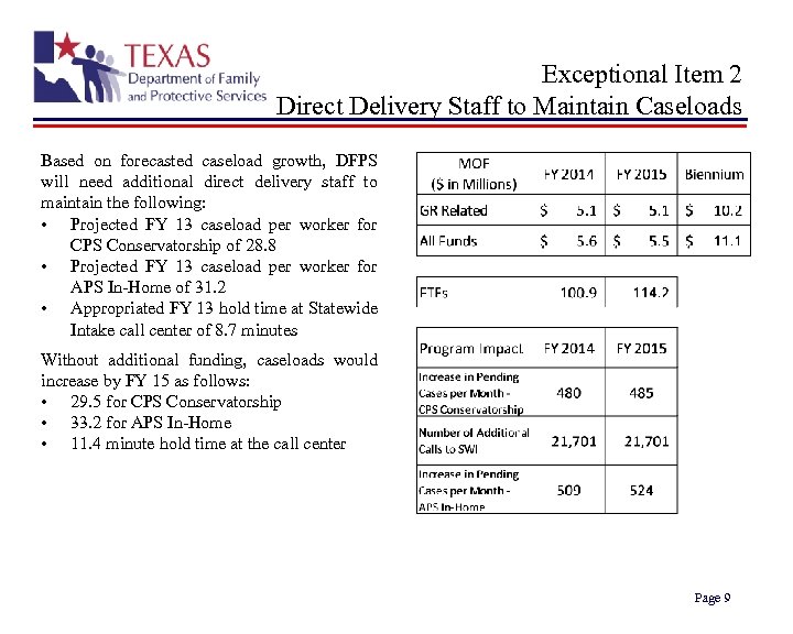Exceptional Item 2 Direct Delivery Staff to Maintain Caseloads Based on forecasted caseload growth,