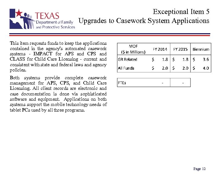 Exceptional Item 5 Upgrades to Casework System Applications This item requests funds to keep