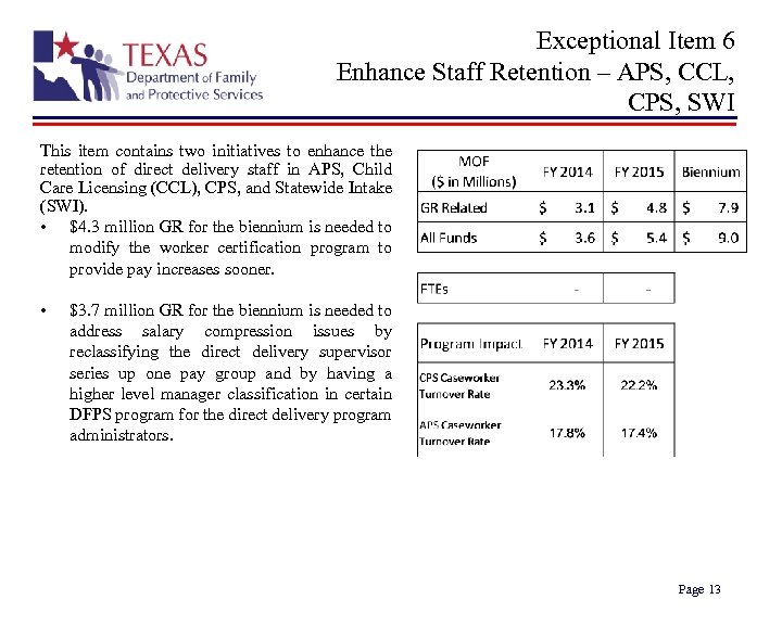 Exceptional Item 6 Enhance Staff Retention – APS, CCL, CPS, SWI This item contains