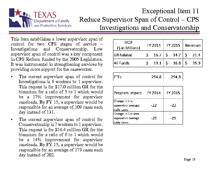 Exceptional Item 11 Reduce Supervisor Span of Control – CPS Investigations and Conservatorship This