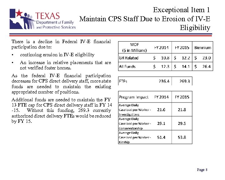 Exceptional Item 1 Maintain CPS Staff Due to Erosion of IV-E Eligibility There is