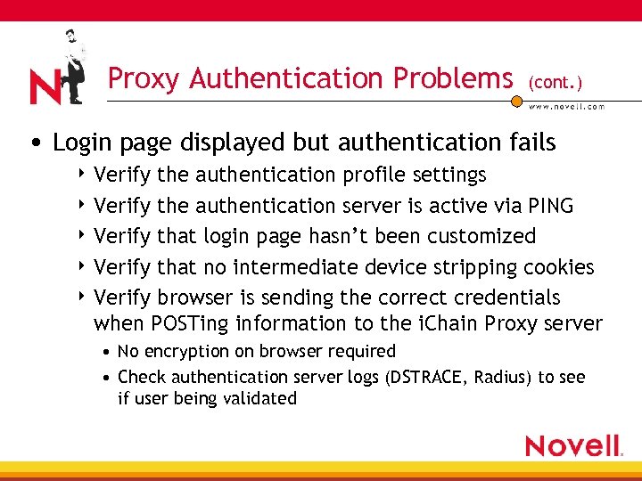Proxy Authentication Problems (cont. ) • Login page displayed but authentication fails 4 Verify