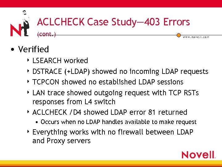 ACLCHECK Case Study— 403 Errors (cont. ) • Verified 4 LSEARCH worked 4 DSTRACE