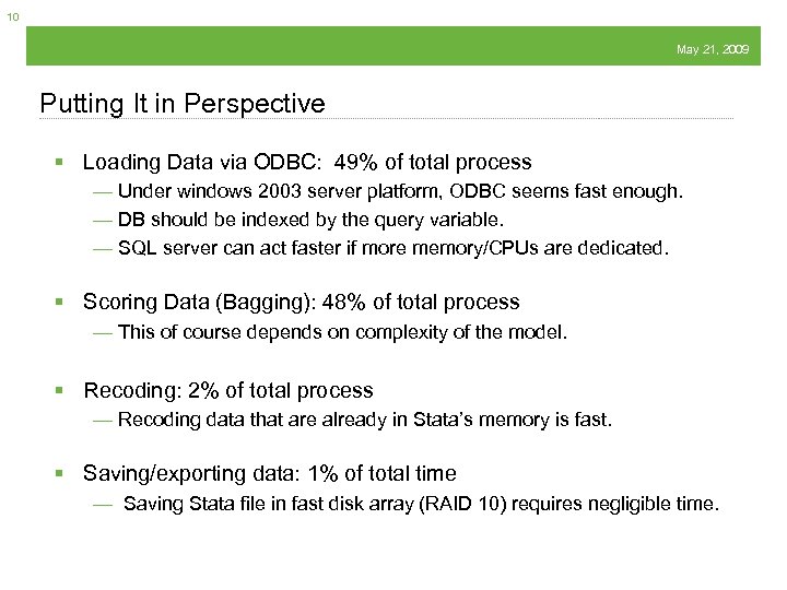 10 May 21, 2009 Putting It in Perspective § Loading Data via ODBC: 49%