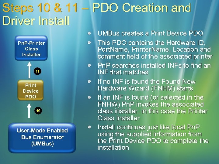 Steps 10 & 11 – PDO Creation and Driver Install Pn. P-Printer Class Installer