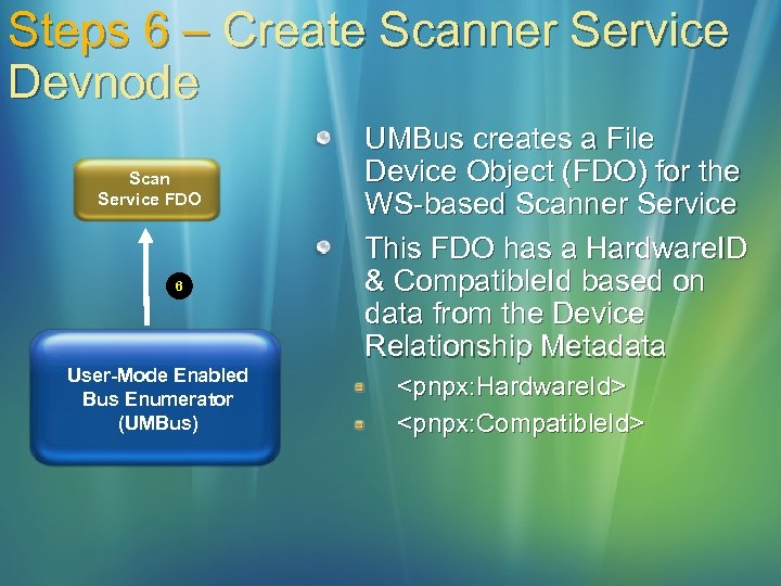 Steps 6 – Create Scanner Service Devnode Scan Service FDO 6 User-Mode Enabled Bus