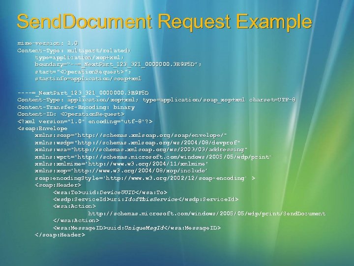 Send. Document Request Example mime-version: 1. 0 Content-Type: multipart/related; type=application/ xop+xml; boundary=“--=_Next. Part_123_321_0000000. 3