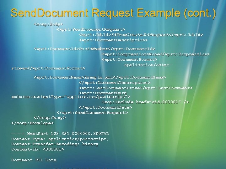 Send. Document Request Example (cont. ) <soap: Body> <wprt: Send. Document. Request> <wprt: Job.