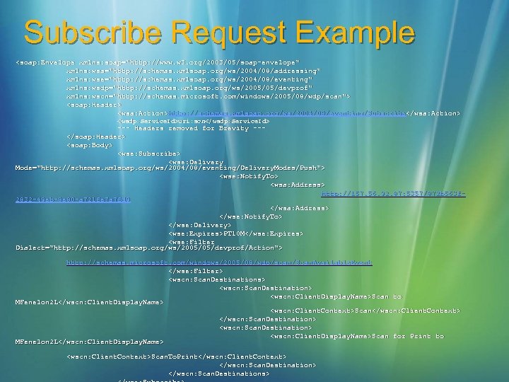 Subscribe Request Example <soap: Envelope xmlns: soap="http: //www. w 3. org/2003/05/soap-envelope" xmlns: wsa="http: //schemas.