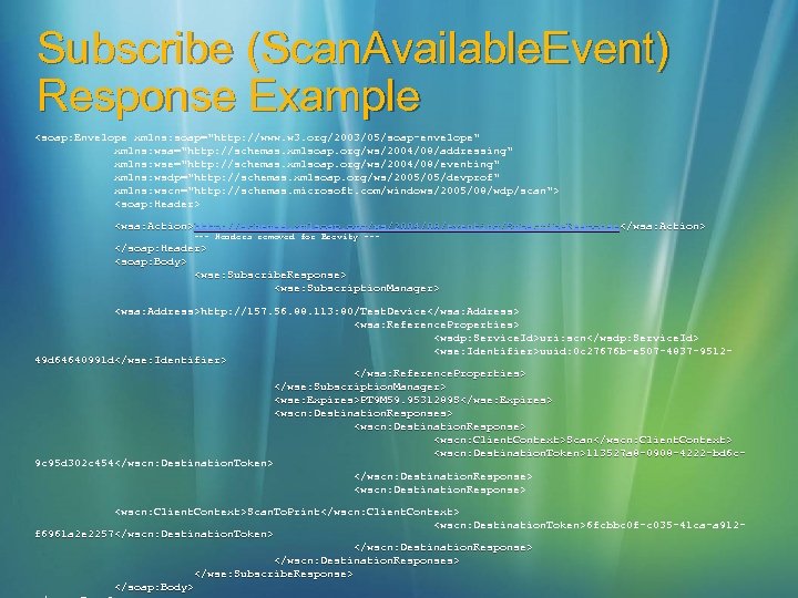 Subscribe (Scan. Available. Event) Response Example <soap: Envelope xmlns: soap="http: //www. w 3. org/2003/05/soap-envelope"