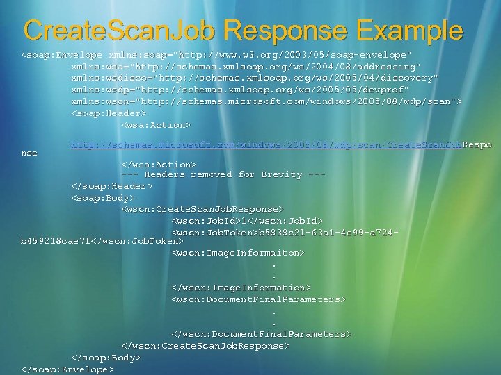 Create. Scan. Job Response Example <soap: Envelope xmlns: soap="http: //www. w 3. org/2003/05/soap-envelope" xmlns: