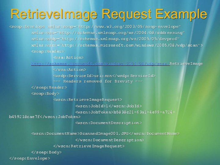 Retrieve. Image Request Example <soap: Envelope xmlns: soap="http: //www. w 3. org/2003/05/soap-envelope" xmlns: wsa="http: