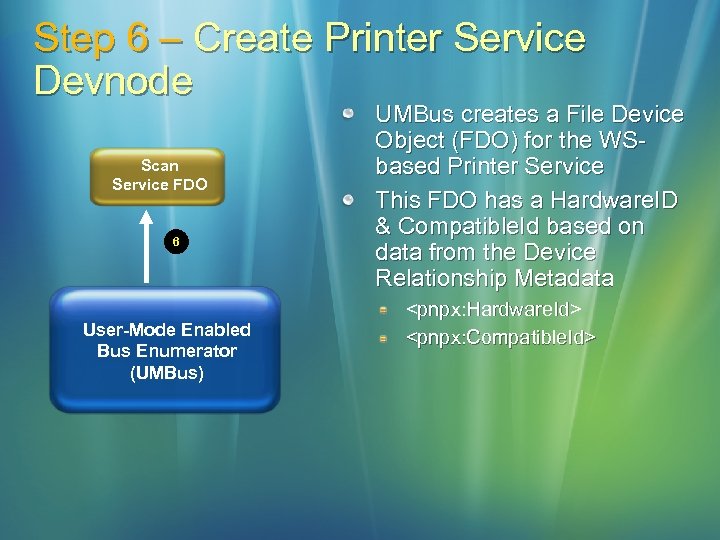 Step 6 – Create Printer Service Devnode Scan Service FDO 6 User-Mode Enabled Bus