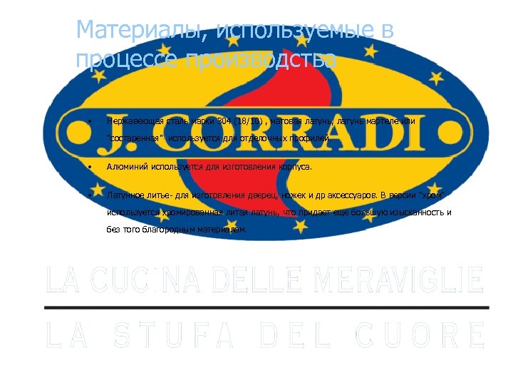 Материалы, используемые в процессе производства • Нержавеющая сталь марки 304 (18/10) , матовая латунь,