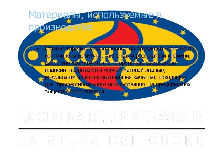 Материалы, используемые в производстве • Газовые горелки, установленные на продукции Avant Garde, изготовлены из