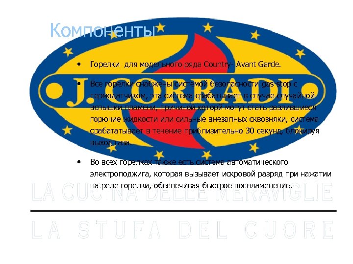 Компоненты • Горелки для модельного ряда Country Avant Garde. • Все горелки снабжены системой