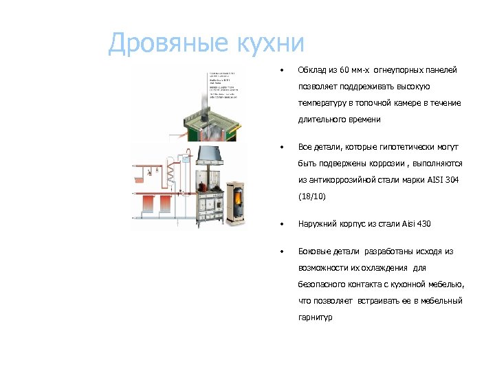 Дровяные кухни • Обклад из 60 мм х огнеупорных панелей позволяет поддреживать высокую температуру