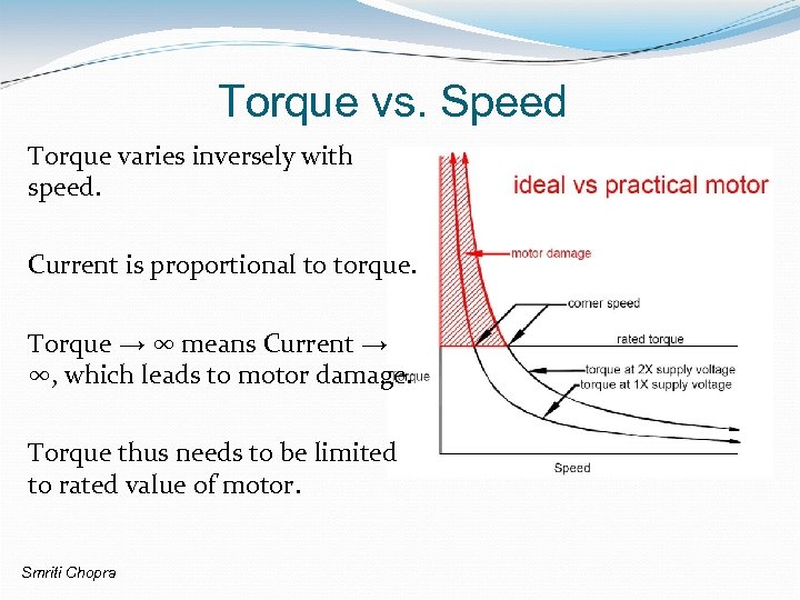 Torque vs. Speed Torque varies inversely with speed. Current is proportional to torque. Torque