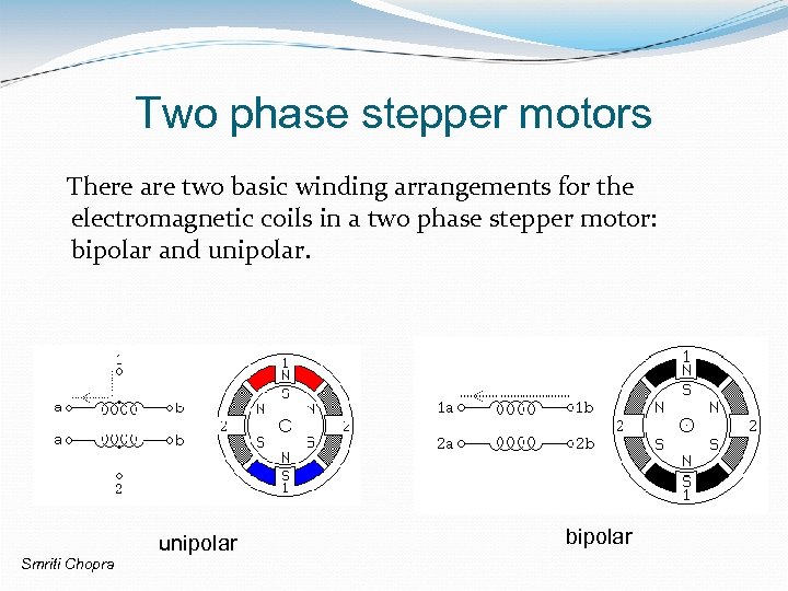 Two phase stepper motors There are two basic winding arrangements for the electromagnetic coils