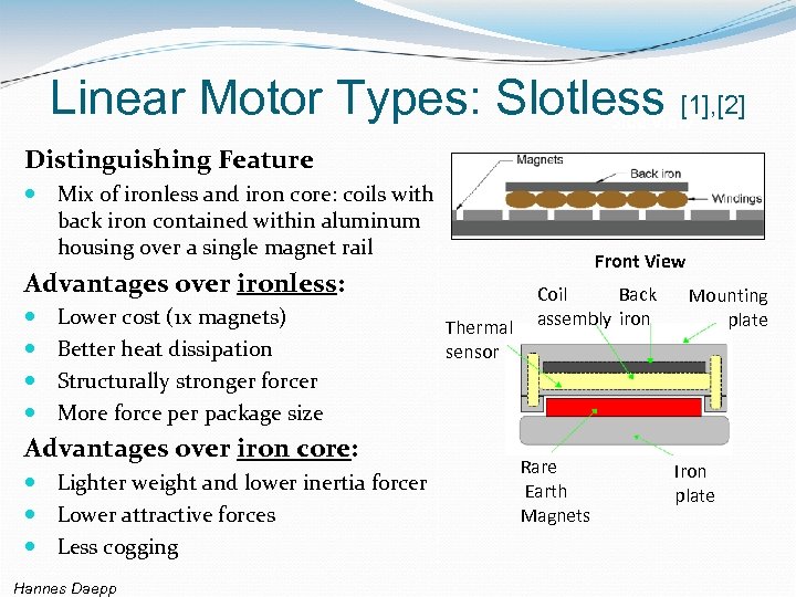 Linear Motor Types: Slotless [1], [2] Side View Distinguishing Feature Mix of ironless and