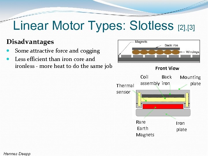 Linear Motor Types: Slotless [2], [3] Side View Disadvantages Some attractive force and cogging