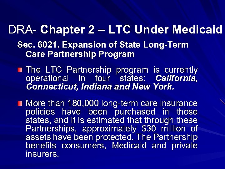 DRA- Chapter 2 – LTC Under Medicaid Sec. 6021. Expansion of State Long-Term Care
