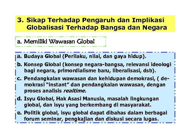 3. Sikap Terhadap Pengaruh dan Implikasi Globalisasi Terhadap Bangsa dan Negara a. Memiliki Wawasan