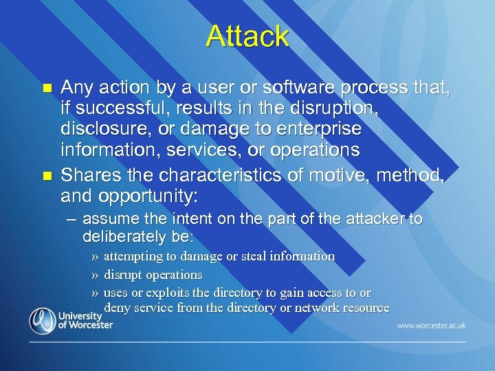 Attack n n Any action by a user or software process that, if successful,