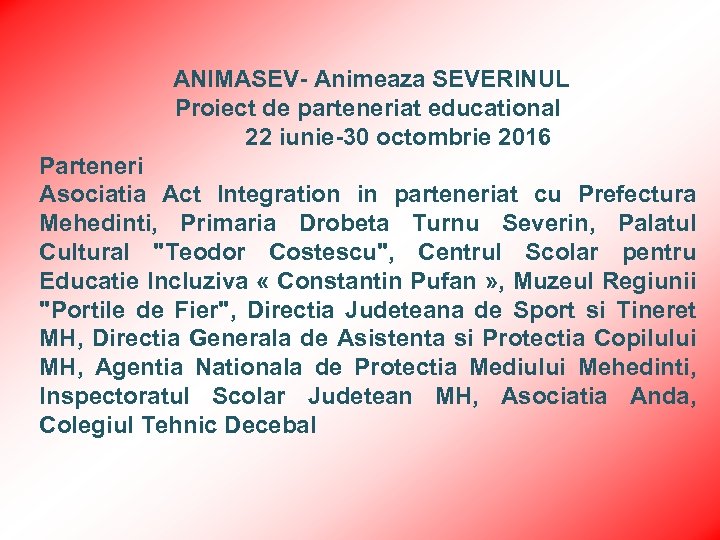 ANIMASEV- Animeaza SEVERINUL Proiect de parteneriat educational 22 iunie-30 octombrie 2016 Parteneri Asociatia Act