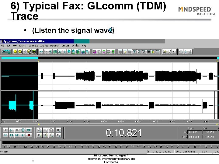 6) Typical Fax: GLcomm (TDM) Trace • (Listen the signal wave) 9 Mindspeed Technologies™