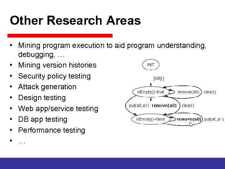 Other Research Areas • Mining program execution to aid program understanding, debugging, … •