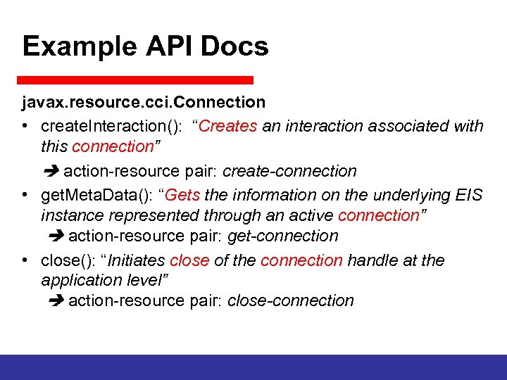 Example API Docs javax. resource. cci. Connection • create. Interaction(): “Creates an interaction associated