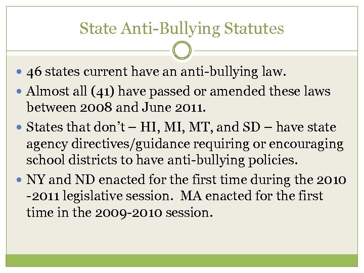State Anti-Bullying Statutes 46 states current have an anti-bullying law. Almost all (41) have