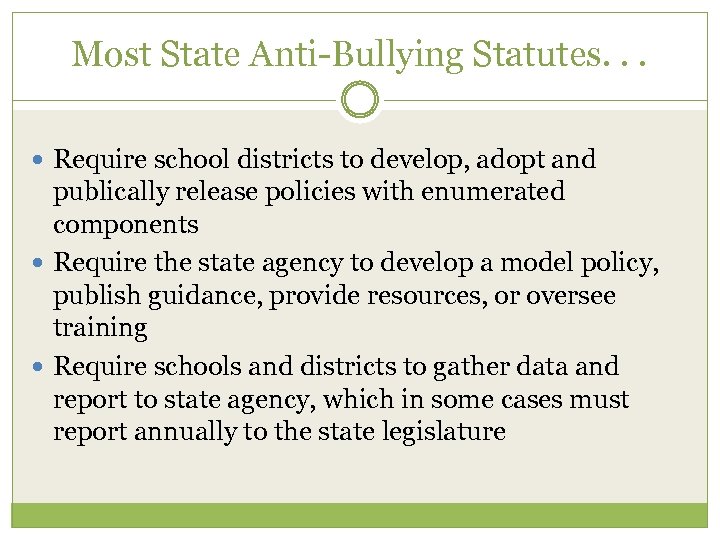 Most State Anti-Bullying Statutes. . . Require school districts to develop, adopt and publically