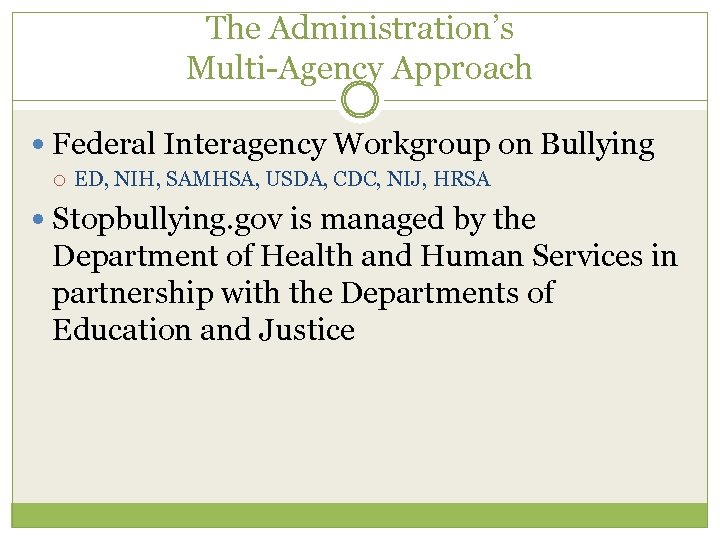 The Administration’s Multi-Agency Approach Federal Interagency Workgroup on Bullying ED, NIH, SAMHSA, USDA, CDC,