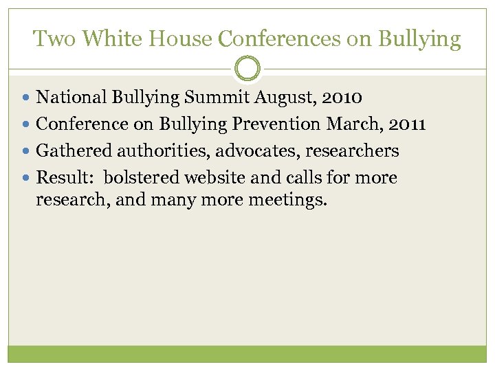 Two White House Conferences on Bullying National Bullying Summit August, 2010 Conference on Bullying