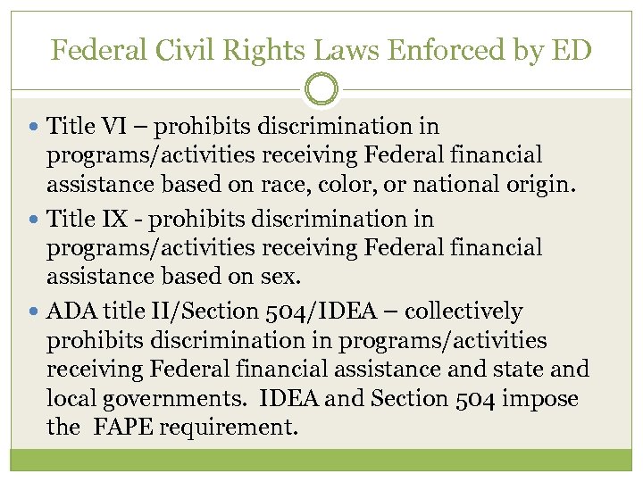 Federal Civil Rights Laws Enforced by ED Title VI – prohibits discrimination in programs/activities