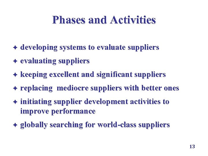 Phases and Activities è developing systems to evaluate suppliers è evaluating suppliers è keeping
