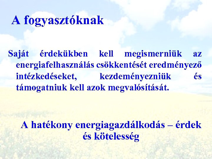 A fogyasztóknak Saját érdekükben kell megismerniük az energiafelhasználás csökkentését eredményező intézkedéseket, kezdeményezniük és támogatniuk
