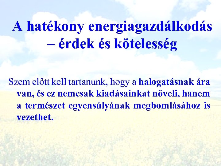 A hatékony energiagazdálkodás – érdek és kötelesség Szem előtt kell tartanunk, hogy a halogatásnak