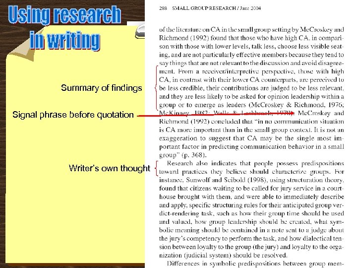 Summary of findings Signal phrase before quotation Writer’s own thought 