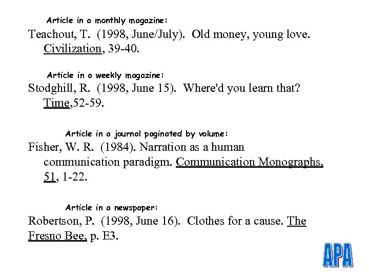 Article in a monthly magazine: Teachout, T. (1998, June/July). Old money, young love. Civilization,