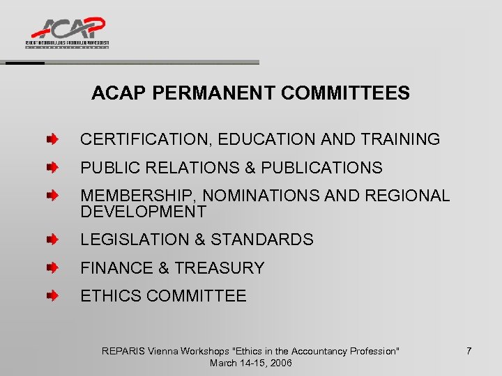 ACAP PERMANENT COMMITTEES CERTIFICATION, EDUCATION AND TRAINING PUBLIC RELATIONS & PUBLICATIONS MEMBERSHIP, NOMINATIONS AND