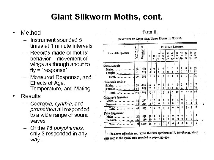 Giant Silkworm Moths, cont. • Method – Instrument sounded 5 times at 1 minute