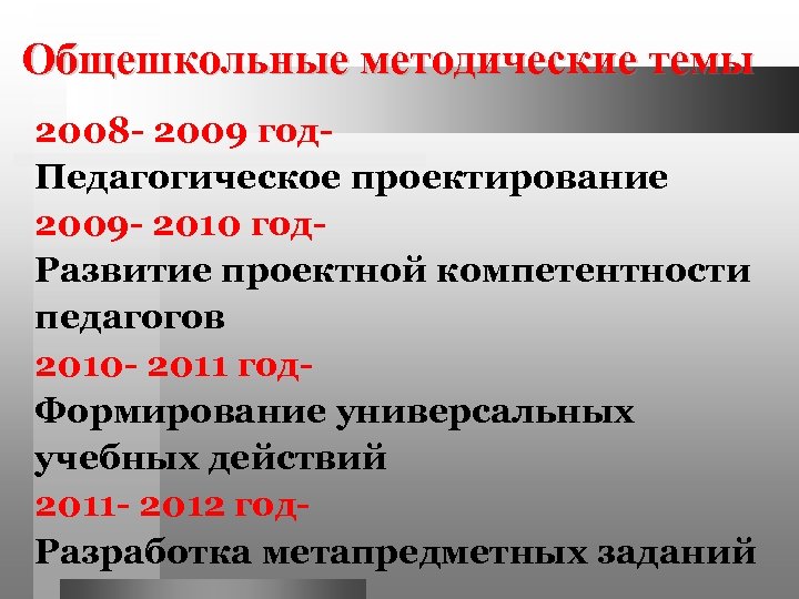 Общешкольные методические темы 2008 - 2009 год. Педагогическое проектирование 2009 - 2010 год. Развитие