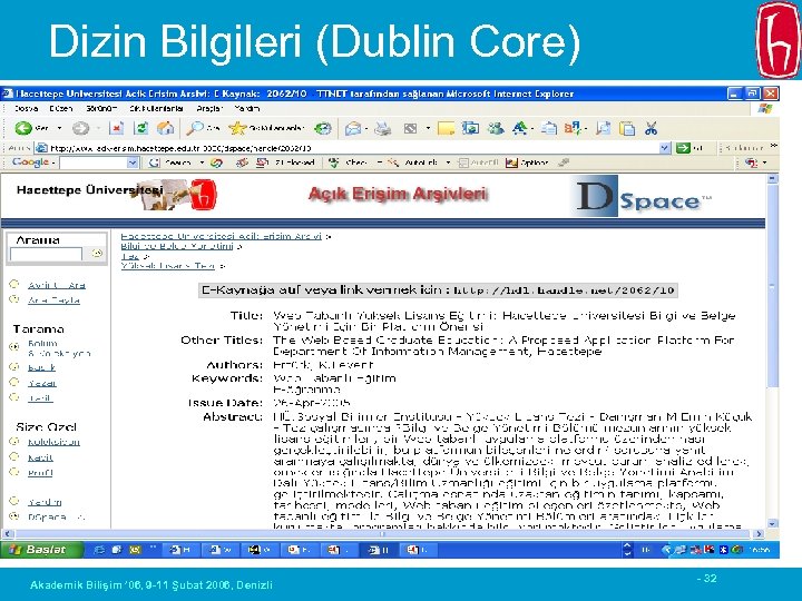 Dizin Bilgileri (Dublin Core) Akademik Bilişim ’ 06, 9 -11 Şubat 2006, Denizli -