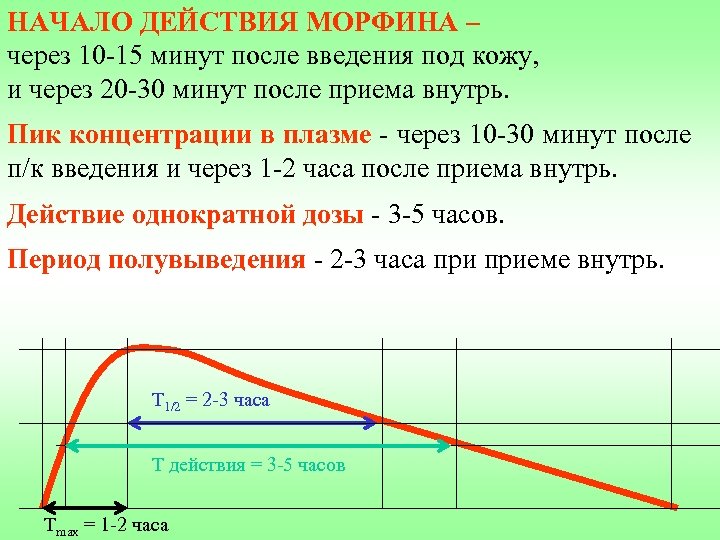 НАЧАЛО ДЕЙСТВИЯ МОРФИНА – через 10 -15 минут после введения под кожу, и через