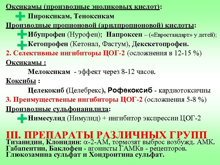 Оксикамы (производные эноликовых кислот): Пироксикам, Теноксикам Производные пропионовой (арилпропионовой) кислоты: Ибупрофен (Нурофен); Напроксен –