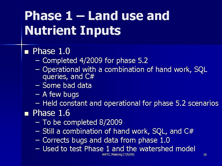 Phase 1 – Land use and Nutrient Inputs n Phase 1. 0 n Phase