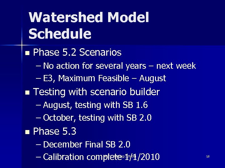 Watershed Model Schedule n Phase 5. 2 Scenarios – No action for several years